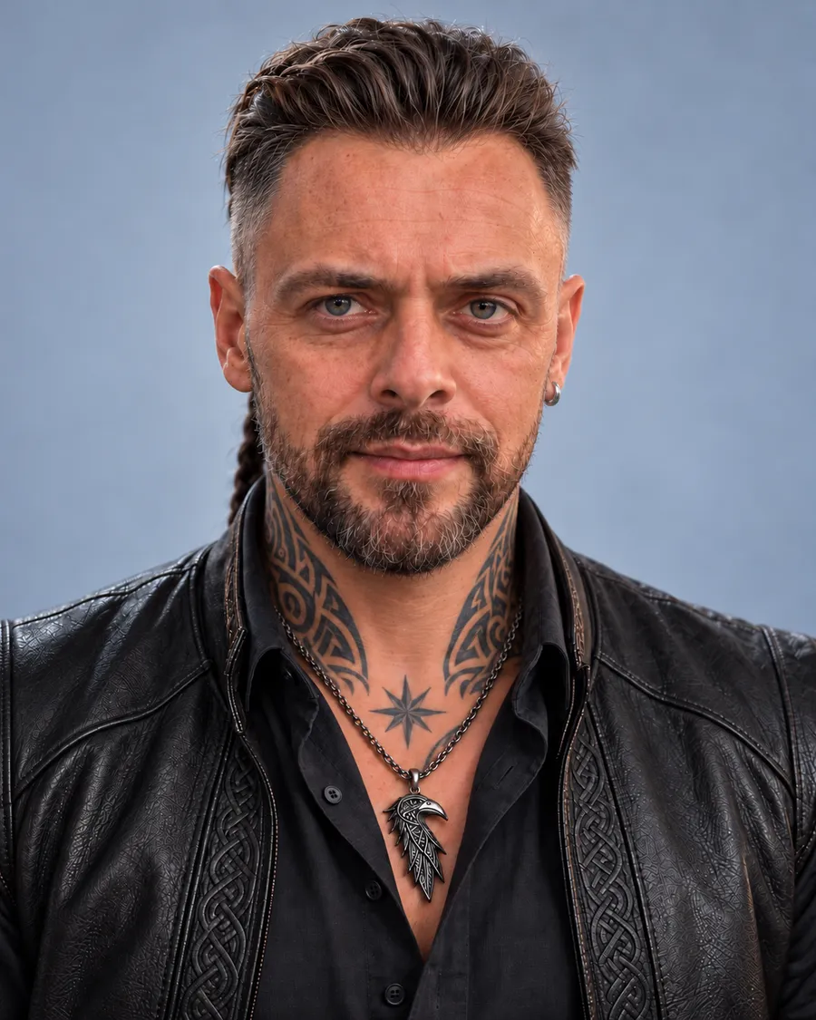 Portrait of Orri: braided hair, salt-and-pepper beard, raven pendant and neck tattoos